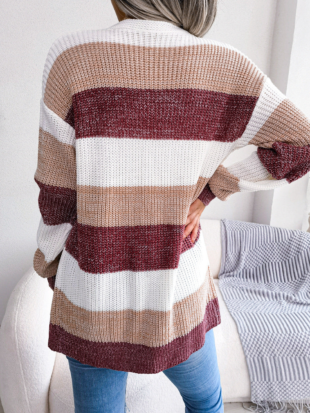 Cardigan avec Manches Lanternes à Carreaux