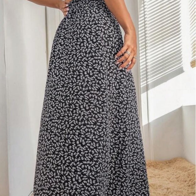 Jupe Fleurie Taille Haute à Fente Élégante