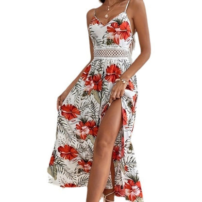 Robe Imprimée Décolletée avec Dentelle & Fente