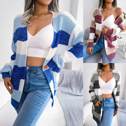 Cardigan avec Manches Lanternes à Carreaux