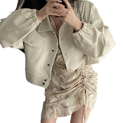 Manteau en Cuir Chic à Col Revers et Poches