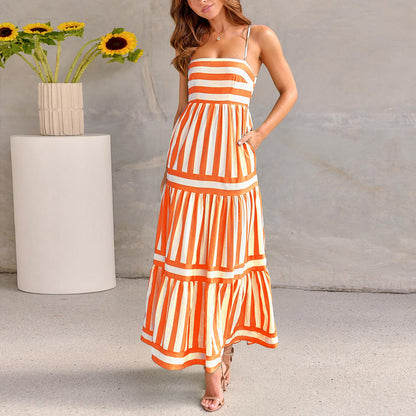 Robe Longue Rayée À Bretelles Avec Poches