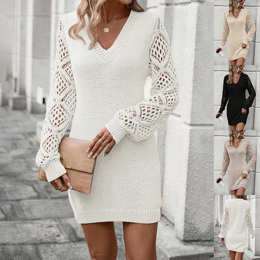 Robe Pull Tricotée à Col V et Manches Longues