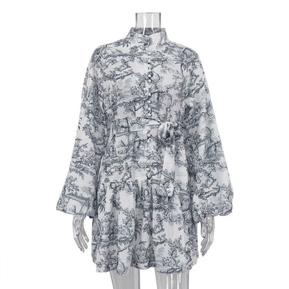 Robe Courte Élégante à Imprimé Artistique et Manches Bouffantes