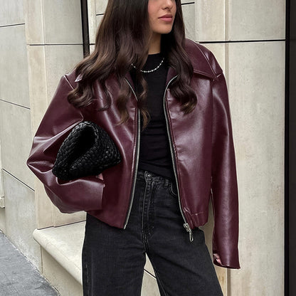 Veste en Cuir à Col Revers et Fermeture Éclair pour Femme