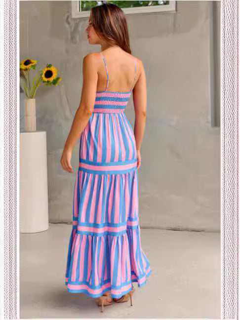 Robe Longue Rayée À Bretelles Avec Poches